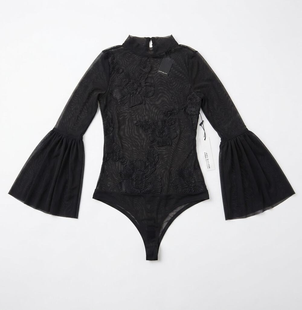 Haute Monde Women S Black Floral Mesh Bodysuit Long Sleeve Bell Sleeve Goth